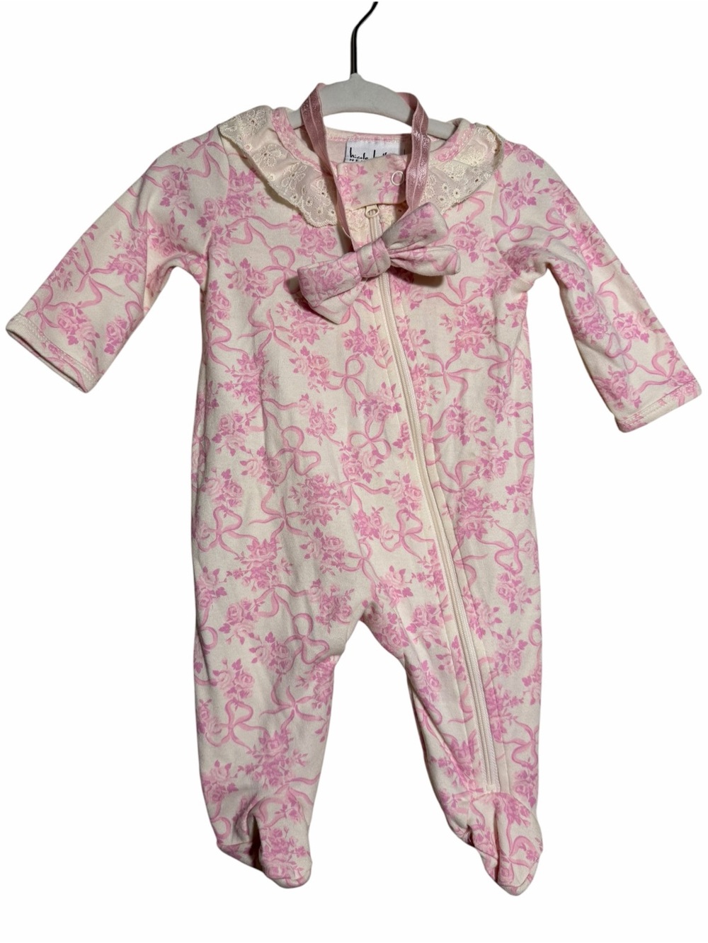 Nicole Miller Cream and Pink Floral Zip Footie with Bow